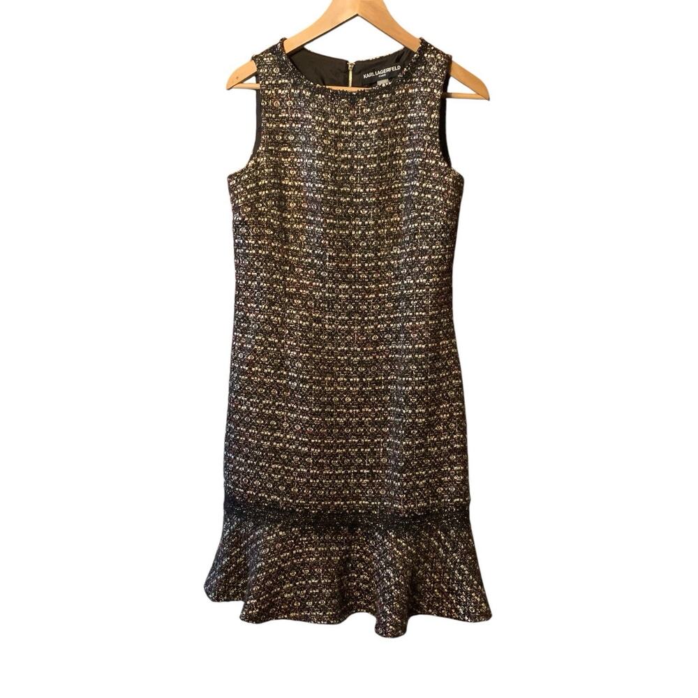 Karl Lagerfeld Black Multi Tweed Dress Back Zipper Flounce Lace Trim Size 6